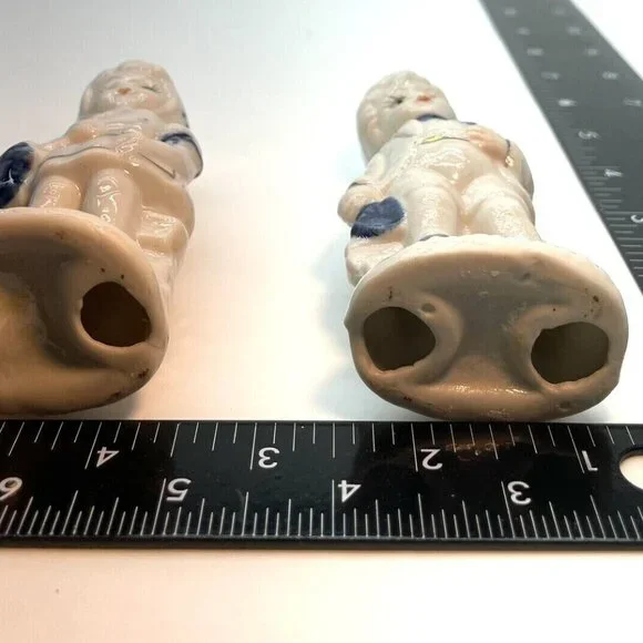 Vintage Holland Figurine Set Farm Boy Girl On Bench Porcelain Blue White Gold - Picture 5 of 11